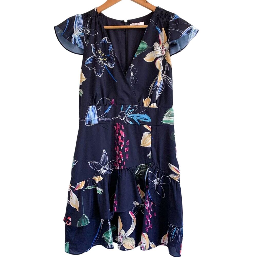 Parker Cosmic Fleur Flutter Short Sleeve Mini Ruffle Dress Navy Multi Small - Picture 2 of 16